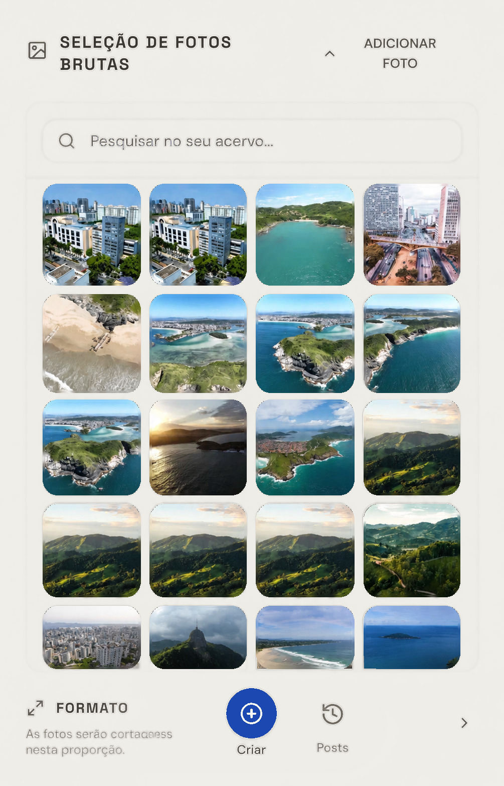 Seleção de fotos brutas no acervo do Drone Studio
