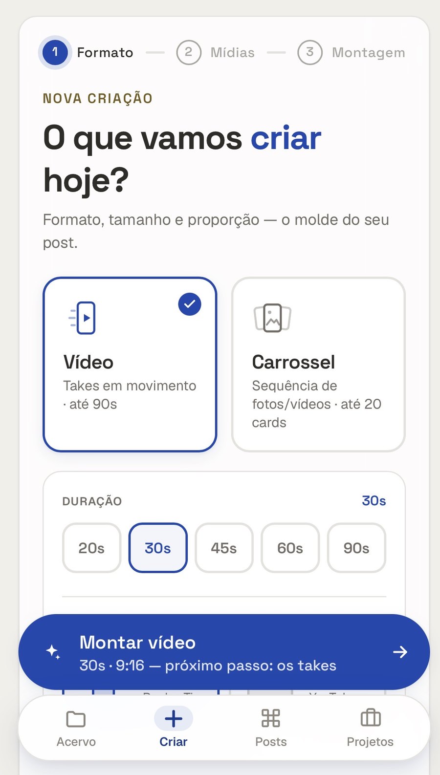 Tela do Drone Studio escolhendo formato e duração do vídeo
